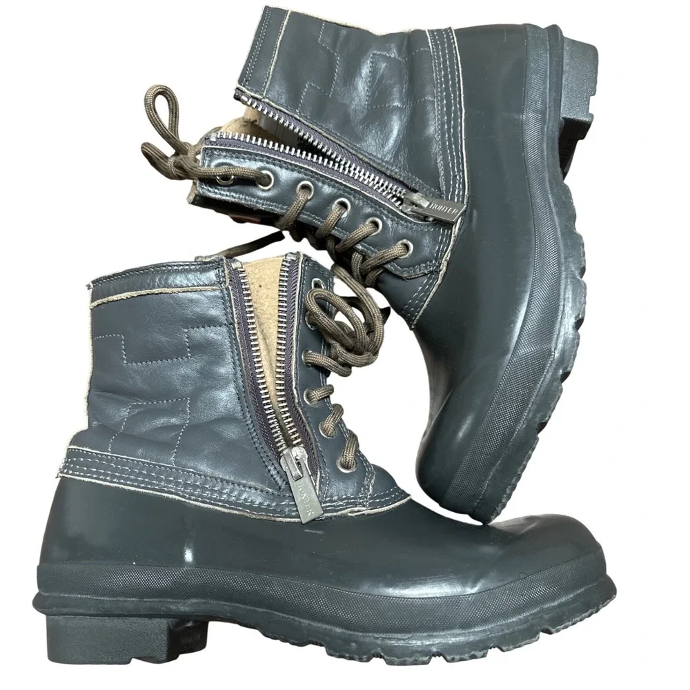Hunter Corwin Gray Waterproof Rubber Leather Side Zip Rain Boots Size 9M 10F